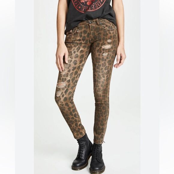 NWT R13 Kate Skinny Distressed Leopard Print Jeans Size 25
